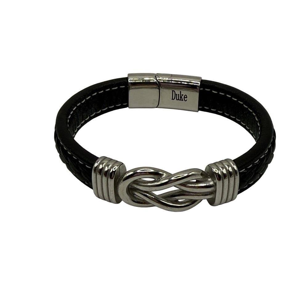 Duke Silver Tone Black Braided Leather Love Knot Magnetic Bracelet Nautical